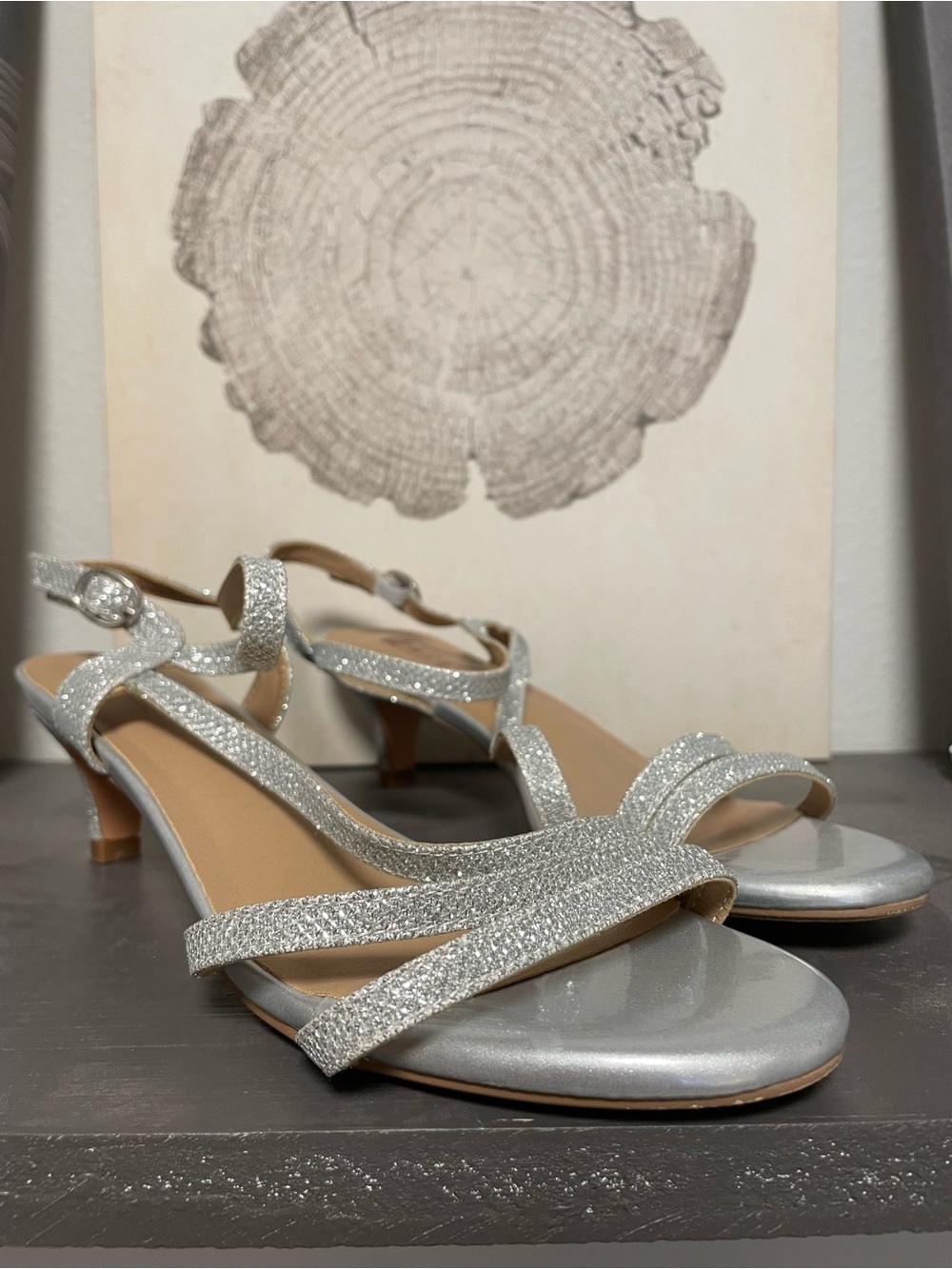 IDIFU Silver Glitter Strappy Low Heel Sandals